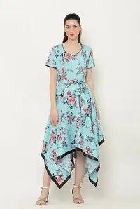 Beautiful Asymmetric Turquoise Floral Print Dress - Vibeclothings