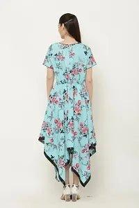 Beautiful Asymmetric Turquoise Floral Print Dress - Vibeclothings