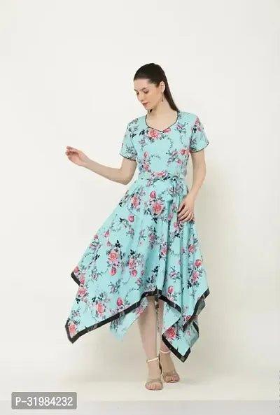 Beautiful Asymmetric Turquoise Floral Print Dress - Vibeclothings