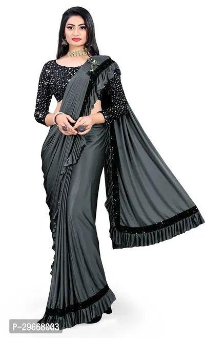 Beautiful Grey Lycra Embellished Women Saree with Blouse piece - Vibeclothings