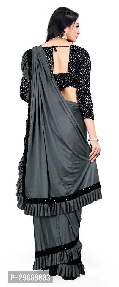 Beautiful Grey Lycra Embellished Women Saree with Blouse piece - Vibeclothings