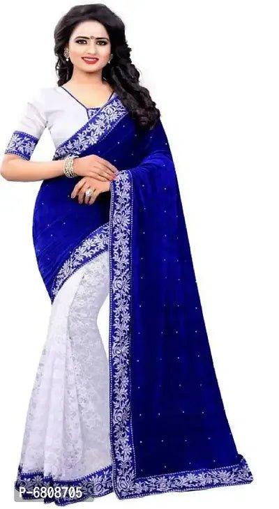 Blue Velvet Embellished Sarees For Women - Vibeclothings